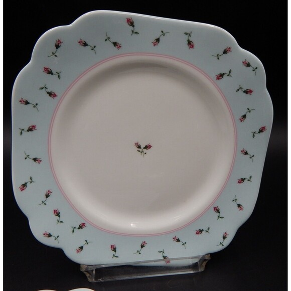Royal Albert Rose Buds Everyday Salad Plates Square 8 Inch Scalloped Blue Edge - Picture 2 of 8